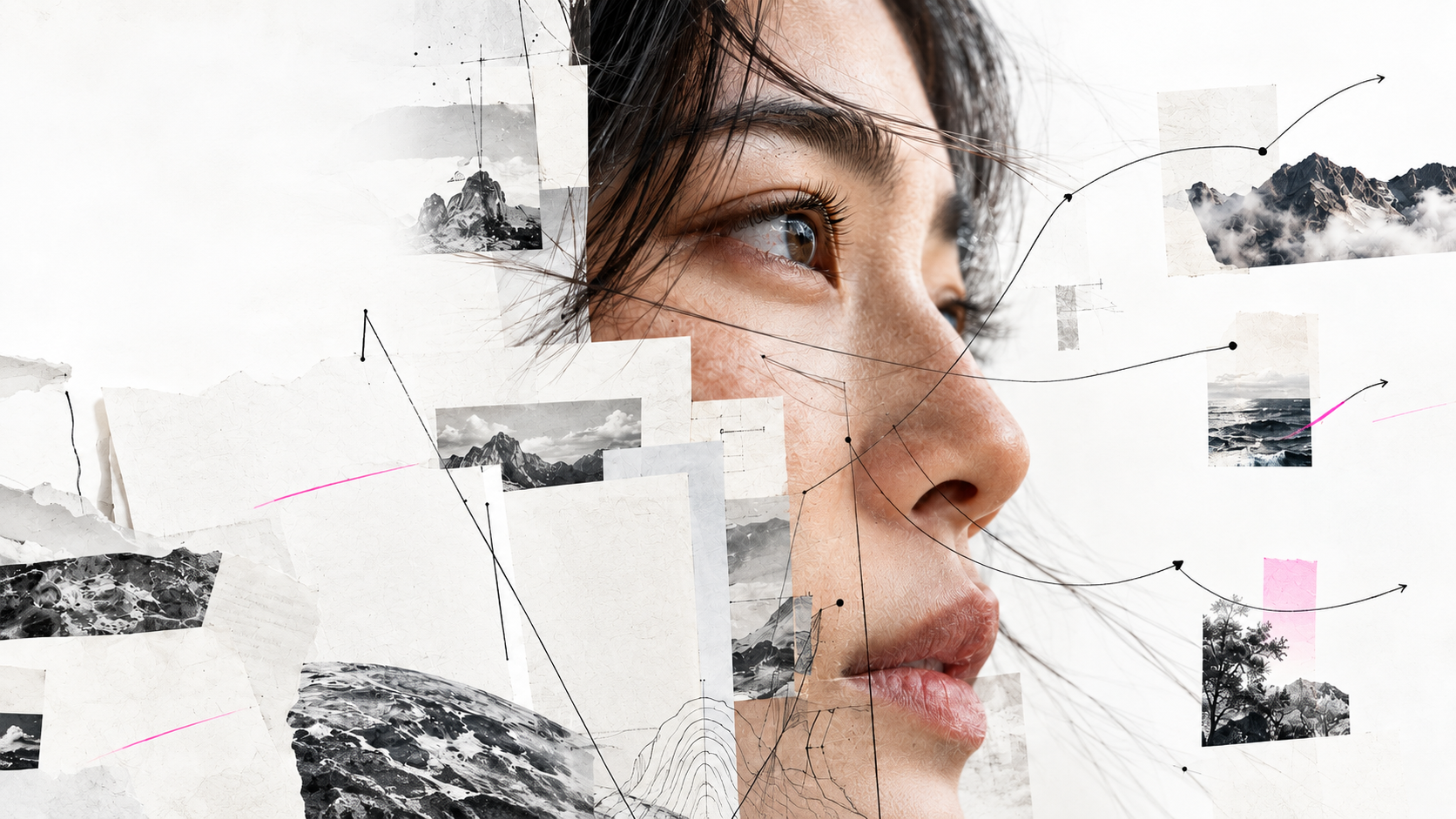 A human perspective surrounded by photographic fragments, paper and considered paths.